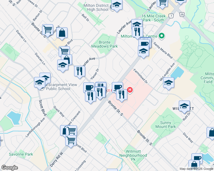 map of restaurants, bars, coffee shops, grocery stores, and more near 580 Clover Park Crescent in Milton