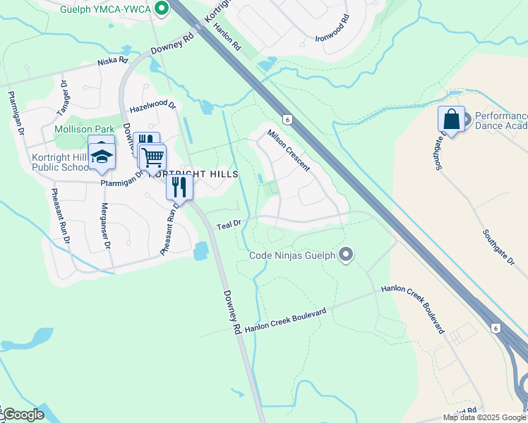map of restaurants, bars, coffee shops, grocery stores, and more near 46 Teal Drive in Guelph