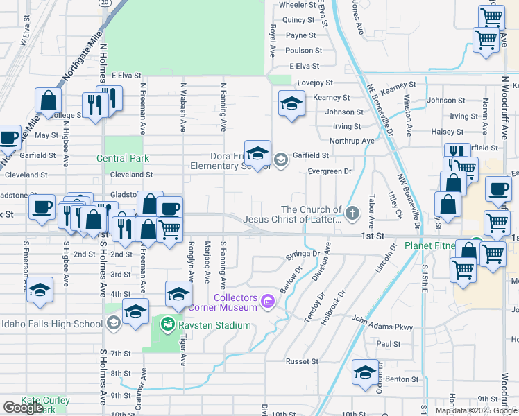 map of restaurants, bars, coffee shops, grocery stores, and more near 850 Cleveland Street in Idaho Falls