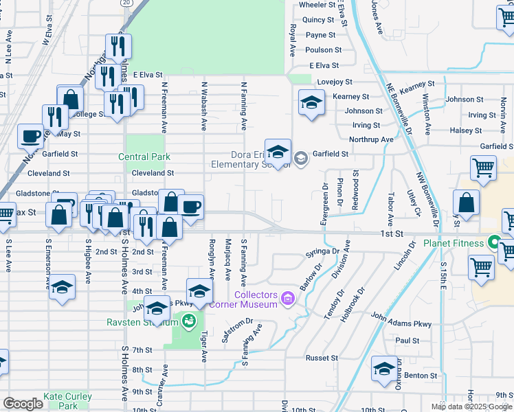 map of restaurants, bars, coffee shops, grocery stores, and more near 220 North Fanning Avenue in Idaho Falls