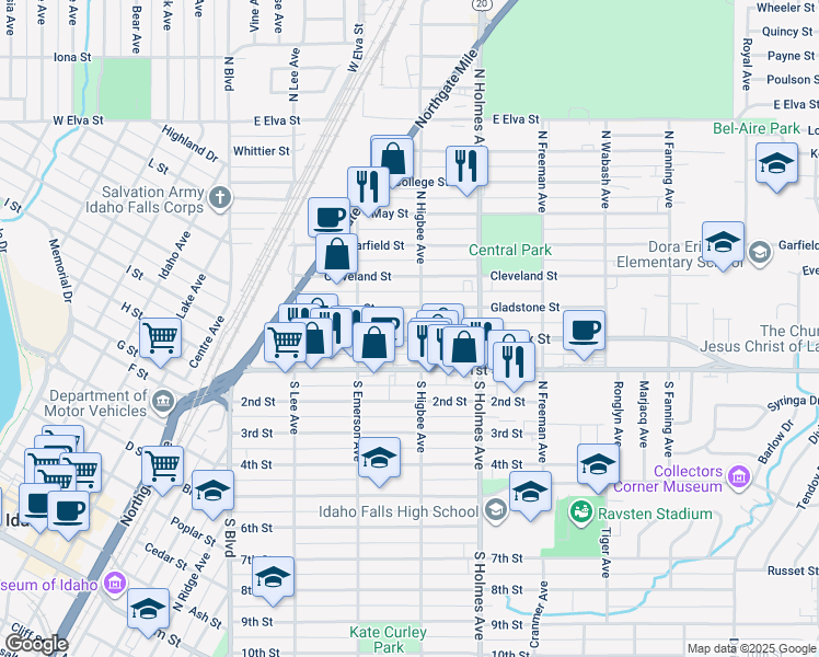 map of restaurants, bars, coffee shops, grocery stores, and more near 290 North Higbee Avenue in Idaho Falls