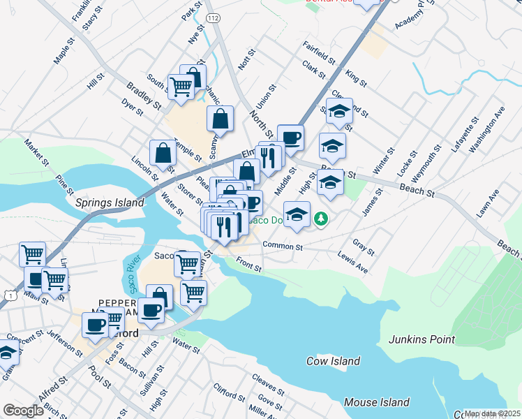 map of restaurants, bars, coffee shops, grocery stores, and more near in Saco
