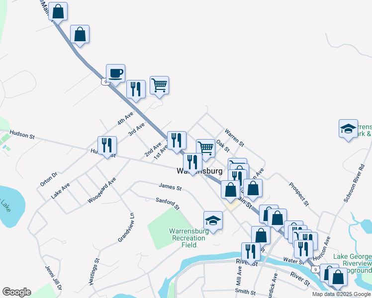 map of restaurants, bars, coffee shops, grocery stores, and more near 3 Hackensack Avenue in Warrensburg
