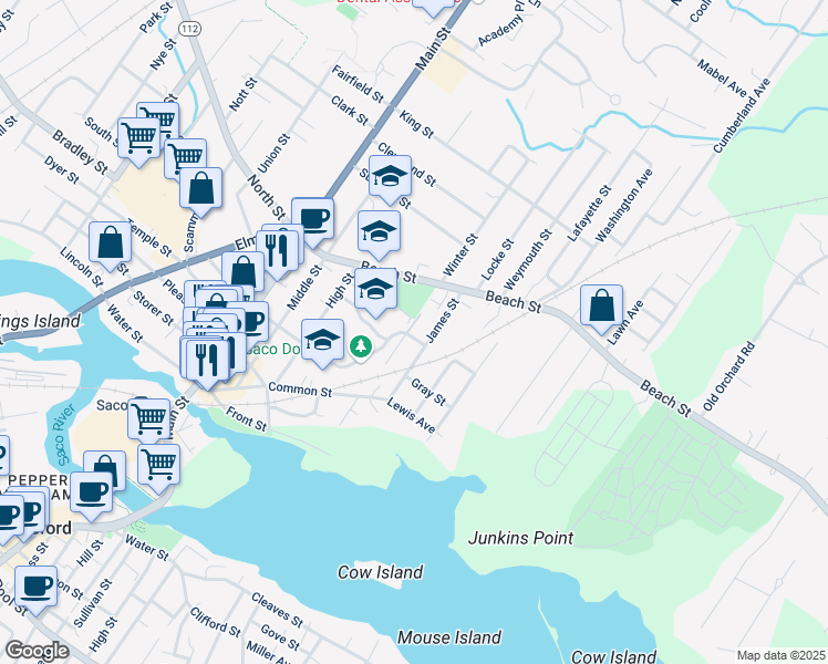 map of restaurants, bars, coffee shops, grocery stores, and more near 3 Pond Street in Saco