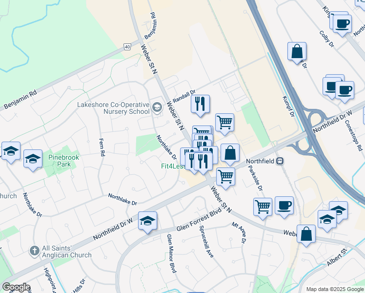 map of restaurants, bars, coffee shops, grocery stores, and more near 101 Golden Eagle Road in Waterloo