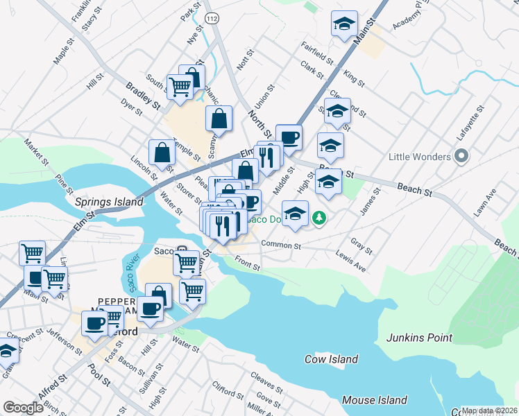 map of restaurants, bars, coffee shops, grocery stores, and more near in Saco