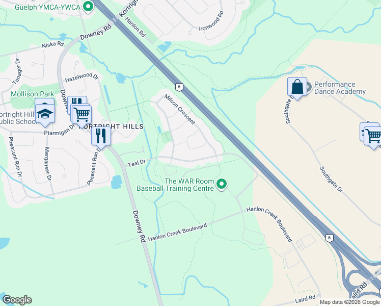 map of restaurants, bars, coffee shops, grocery stores, and more near 26 Peer Drive in Guelph