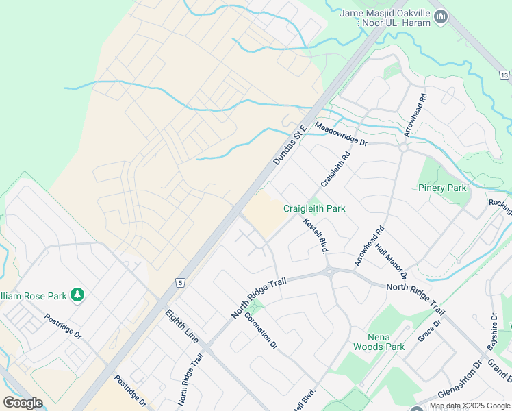 map of restaurants, bars, coffee shops, grocery stores, and more near 2501 Prince Michael Drive in Oakville