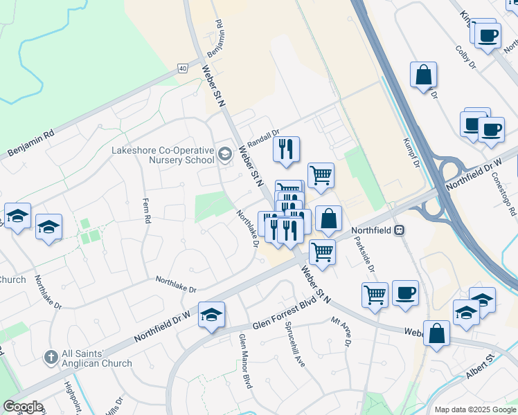 map of restaurants, bars, coffee shops, grocery stores, and more near 101 Golden Eagle Road in Waterloo