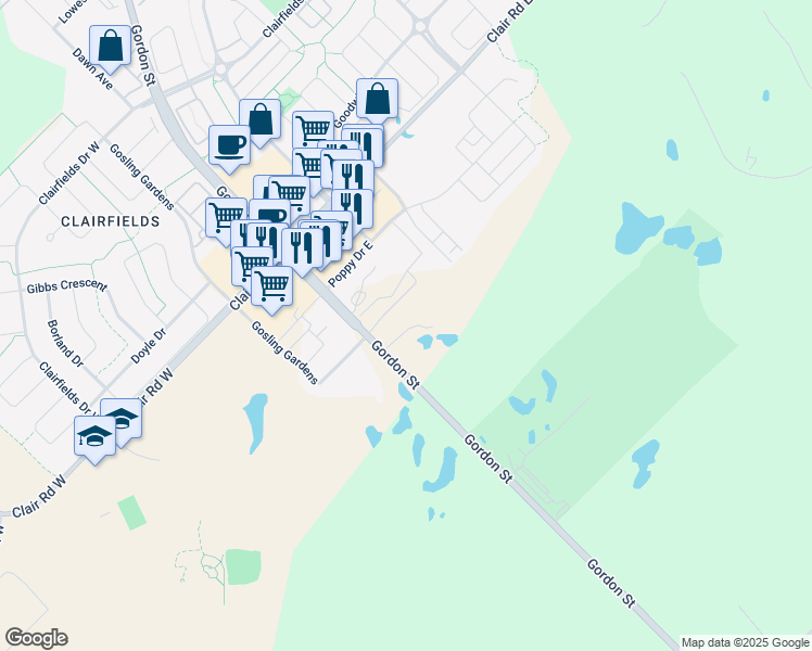 map of restaurants, bars, coffee shops, grocery stores, and more near 1912 Gordon Street in Guelph