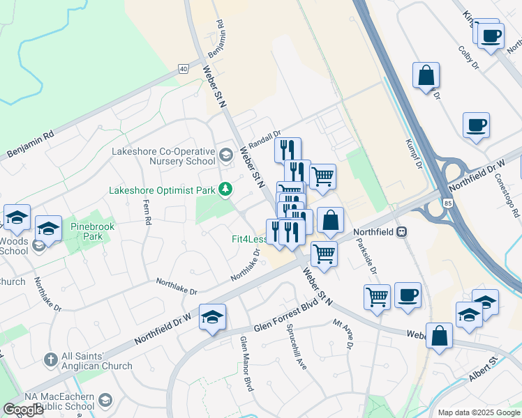 map of restaurants, bars, coffee shops, grocery stores, and more near in Waterloo