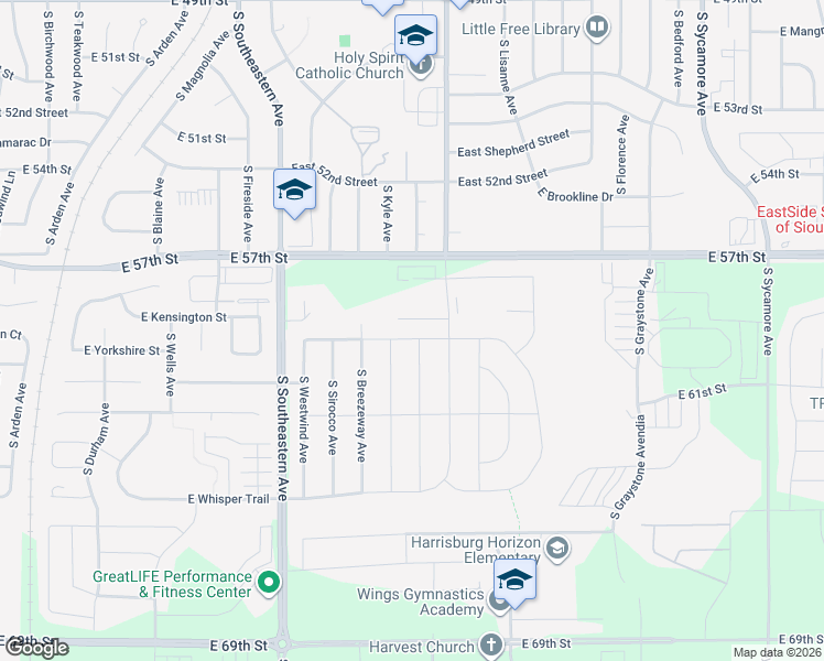 map of restaurants, bars, coffee shops, grocery stores, and more near 3508 Woodsedge Street in Sioux Falls