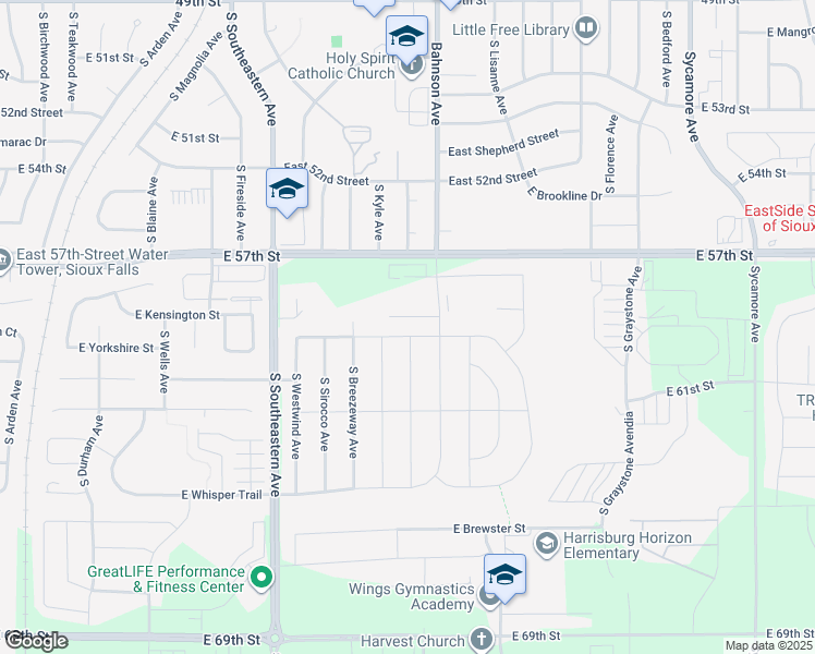 map of restaurants, bars, coffee shops, grocery stores, and more near 3510 East Woodsedge Avenue in Sioux Falls