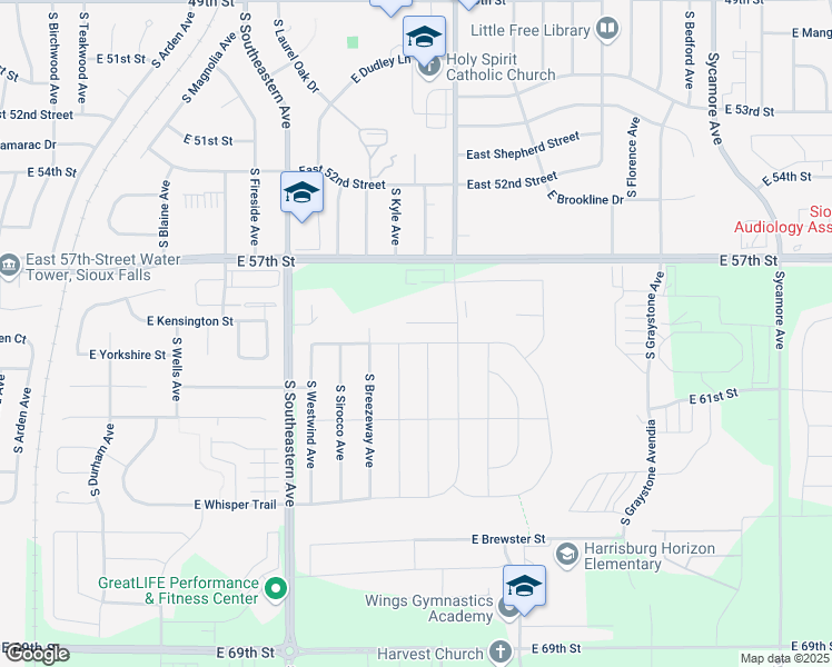 map of restaurants, bars, coffee shops, grocery stores, and more near 3508 Woodsedge Street in Sioux Falls