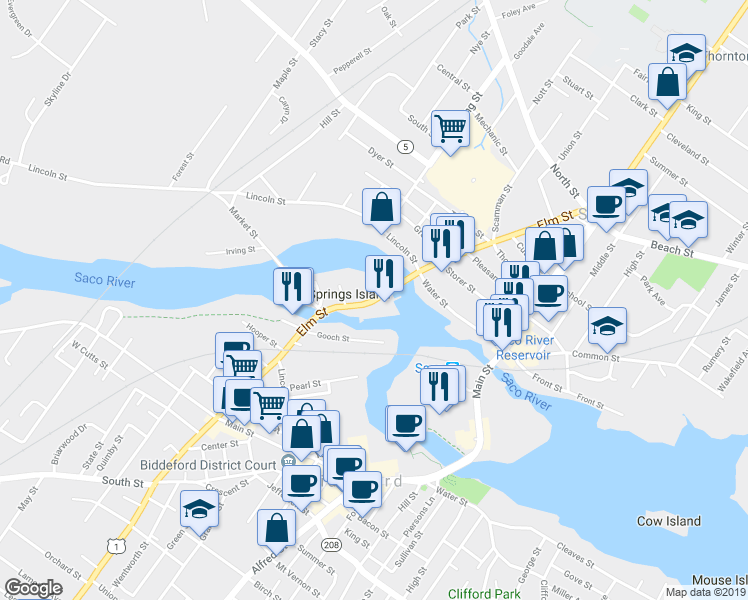 map of restaurants, bars, coffee shops, grocery stores, and more near 8 Elm Street in Biddeford