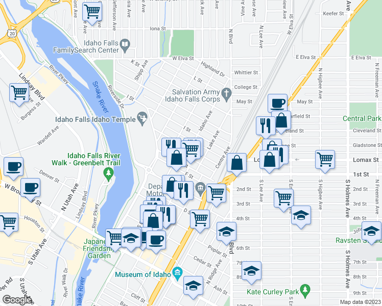 map of restaurants, bars, coffee shops, grocery stores, and more near 1098 Idaho Avenue in Idaho Falls