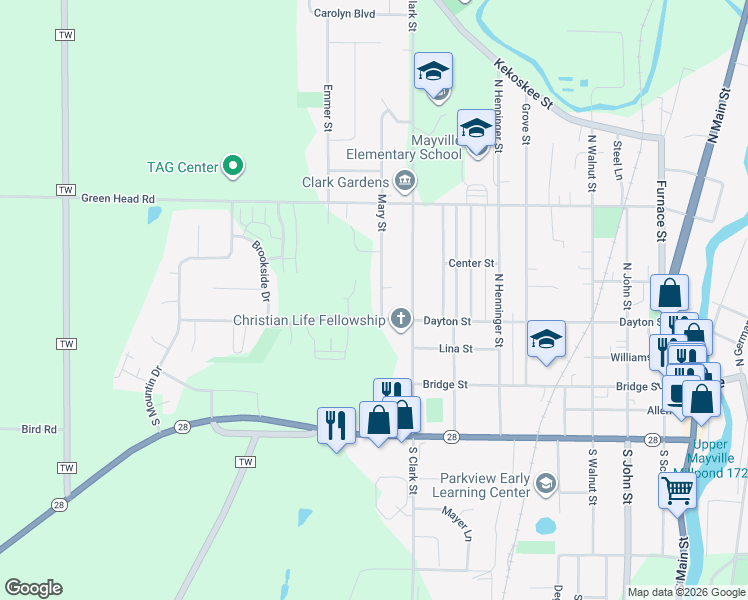 map of restaurants, bars, coffee shops, grocery stores, and more near 217X Mary Street in Mayville