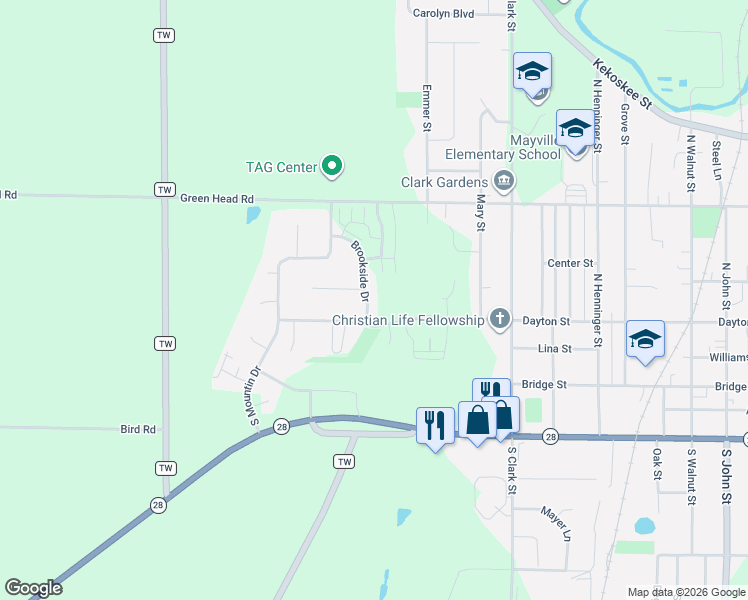 map of restaurants, bars, coffee shops, grocery stores, and more near 248 Brookside Drive in Mayville