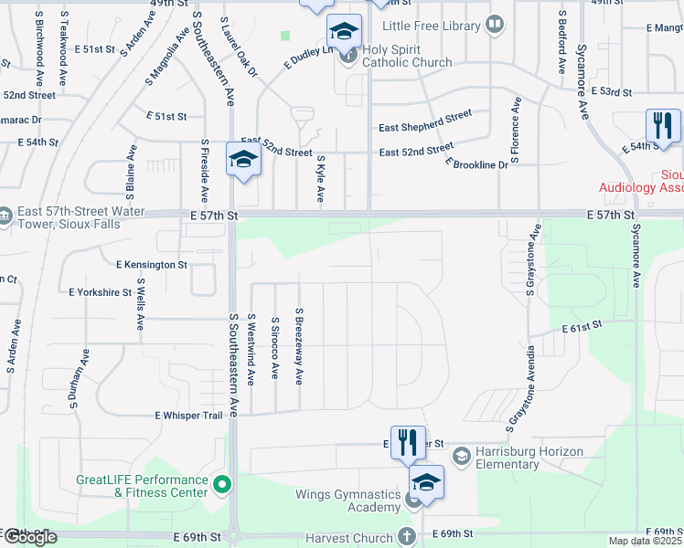 map of restaurants, bars, coffee shops, grocery stores, and more near 3508 Woodsedge Street in Sioux Falls