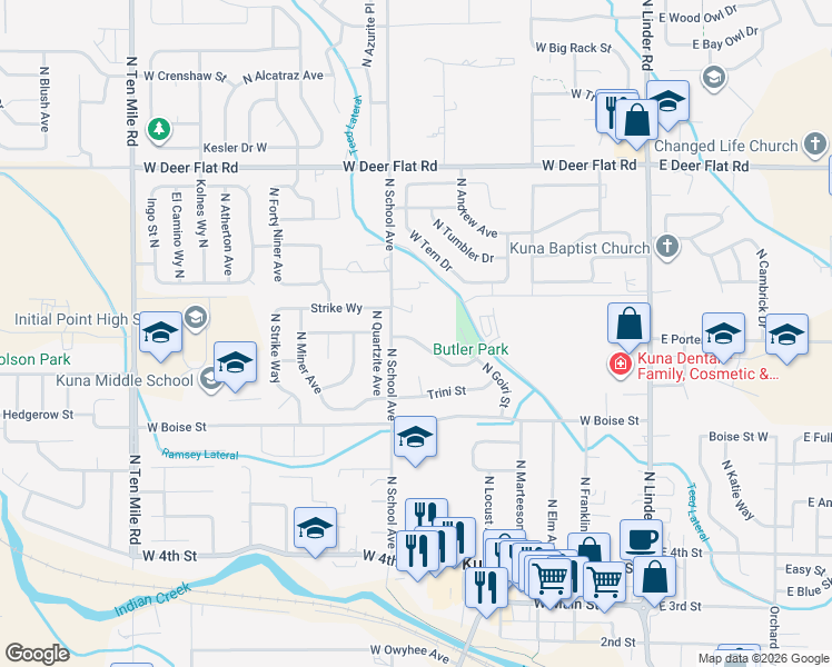 map of restaurants, bars, coffee shops, grocery stores, and more near 754 West Mendi Place in Kuna