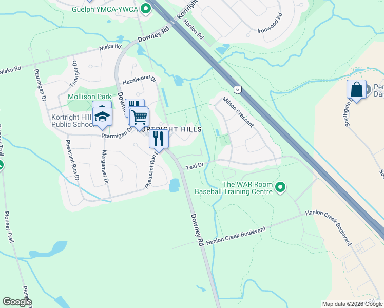 map of restaurants, bars, coffee shops, grocery stores, and more near 146 Downey Road in Guelph
