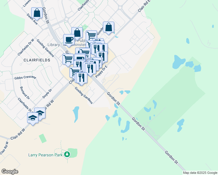 map of restaurants, bars, coffee shops, grocery stores, and more near 1878 Gordon Street in Guelph
