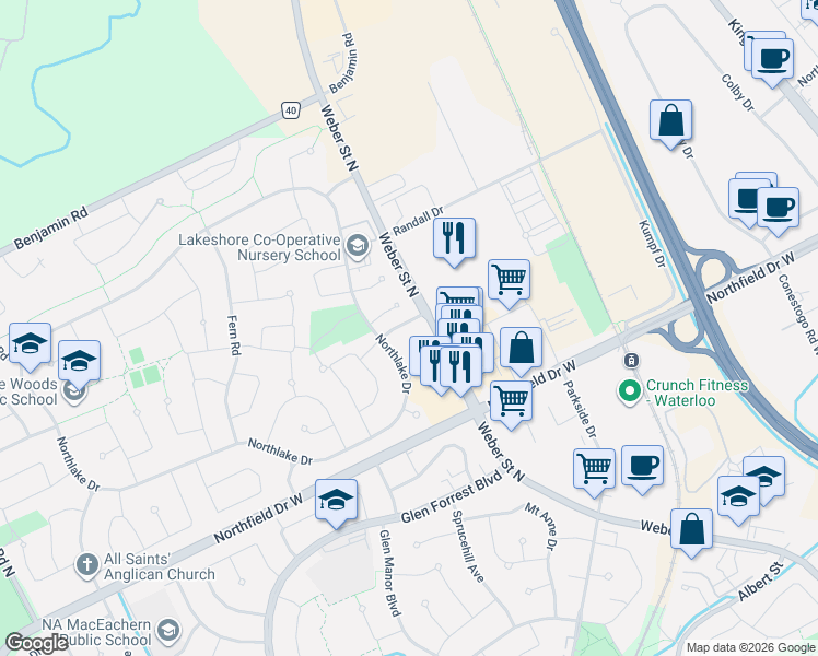 map of restaurants, bars, coffee shops, grocery stores, and more near in Waterloo
