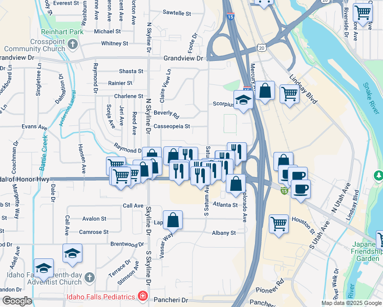 map of restaurants, bars, coffee shops, grocery stores, and more near 735 Saturn Avenue in Idaho Falls