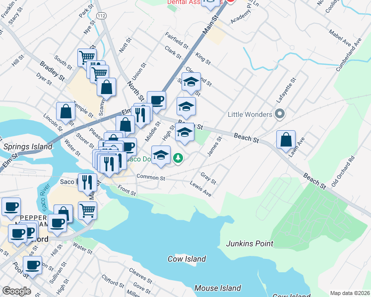 map of restaurants, bars, coffee shops, grocery stores, and more near 75 Beach Street in Saco