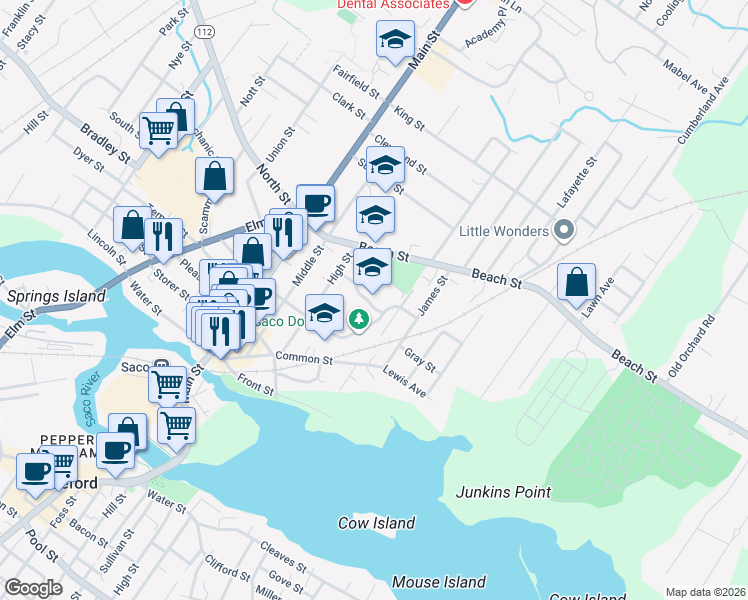 map of restaurants, bars, coffee shops, grocery stores, and more near 75 Beach Street in Saco