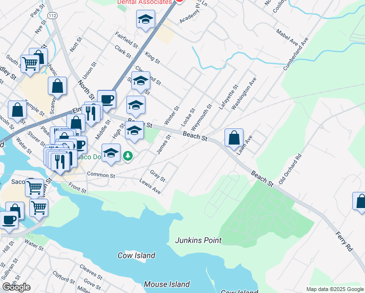 map of restaurants, bars, coffee shops, grocery stores, and more near 141 Beach Street in Saco