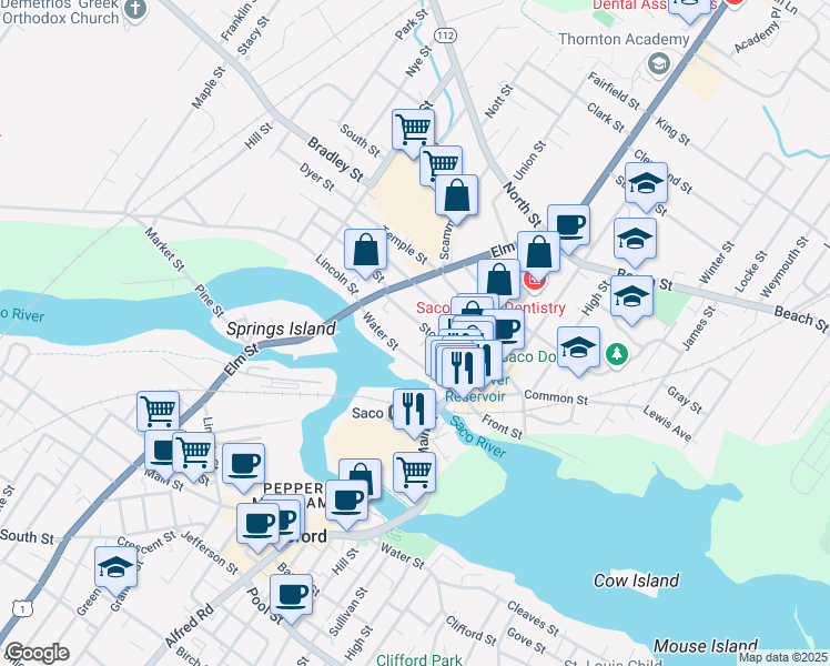 map of restaurants, bars, coffee shops, grocery stores, and more near 56 Storer Street in Saco