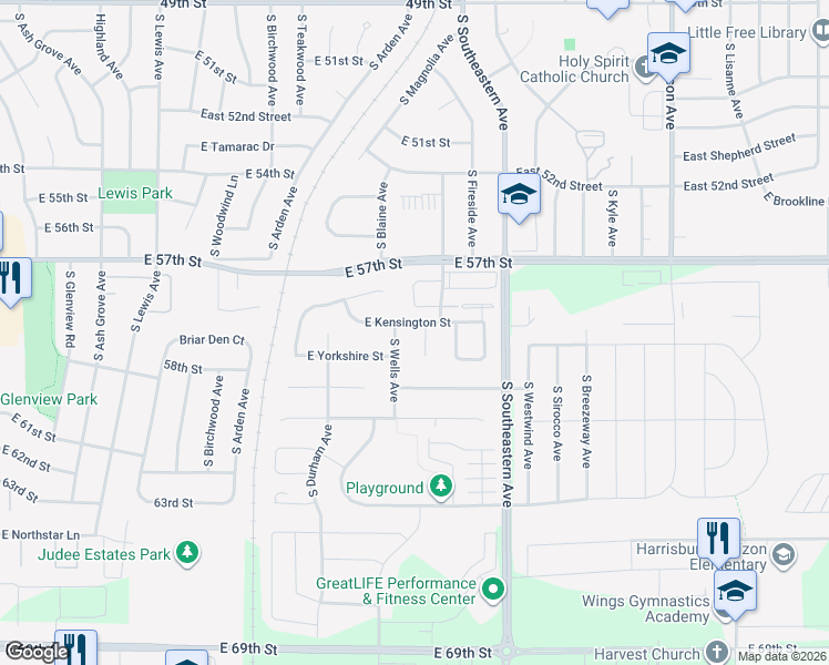 map of restaurants, bars, coffee shops, grocery stores, and more near E Kensington St in Sioux Falls