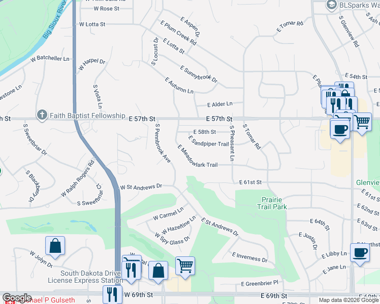 map of restaurants, bars, coffee shops, grocery stores, and more near 4900-5998 S Twin Ridge Rd in Sioux Falls