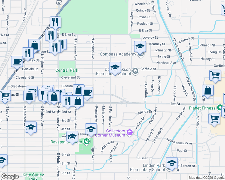 map of restaurants, bars, coffee shops, grocery stores, and more near 220 North Fanning Avenue in Idaho Falls