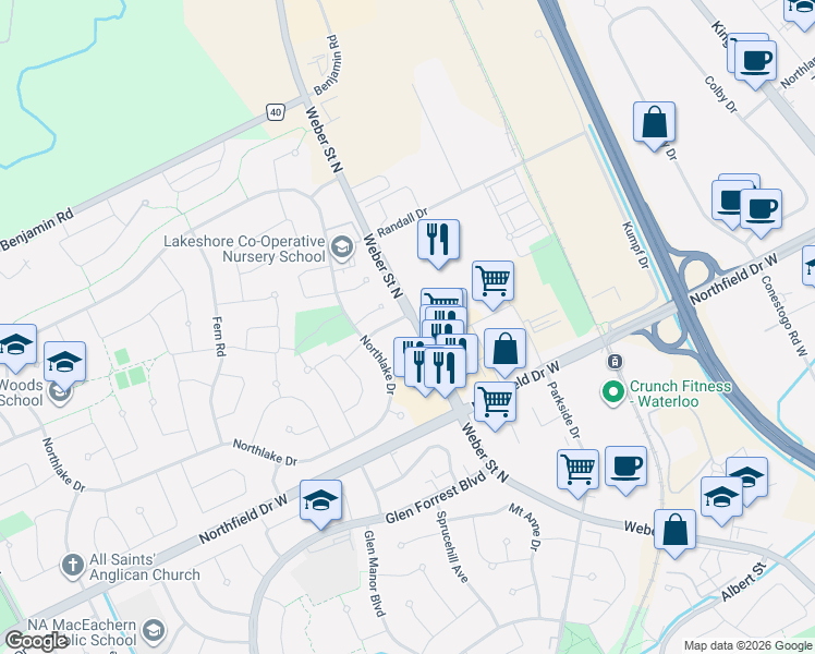 map of restaurants, bars, coffee shops, grocery stores, and more near in Waterloo