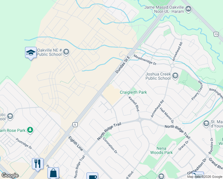 map of restaurants, bars, coffee shops, grocery stores, and more near 2525 Prince Michael Drive in Oakville