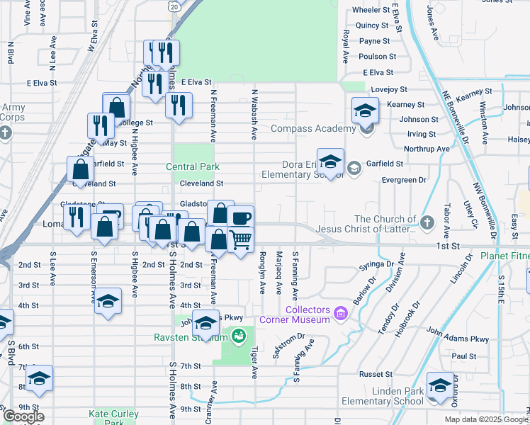 map of restaurants, bars, coffee shops, grocery stores, and more near 725 Lomax Street in Idaho Falls