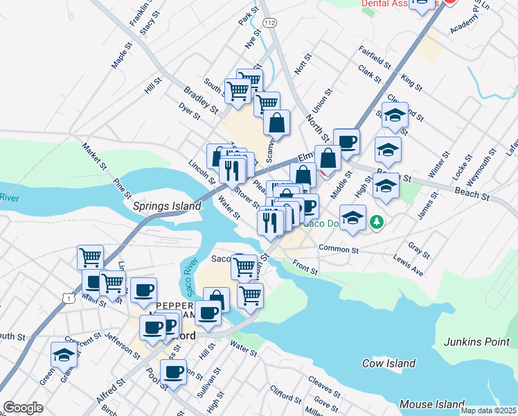 map of restaurants, bars, coffee shops, grocery stores, and more near 35 Storer Street in Saco