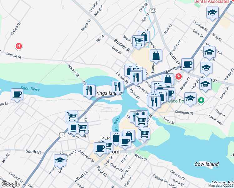 map of restaurants, bars, coffee shops, grocery stores, and more near 9 Elm Street in Biddeford