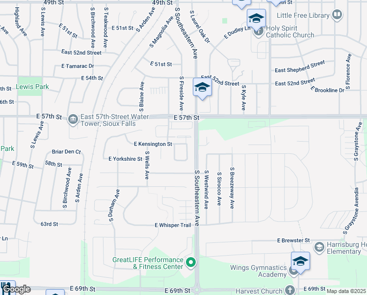 map of restaurants, bars, coffee shops, grocery stores, and more near 5152 Manchester Court in Sioux Falls