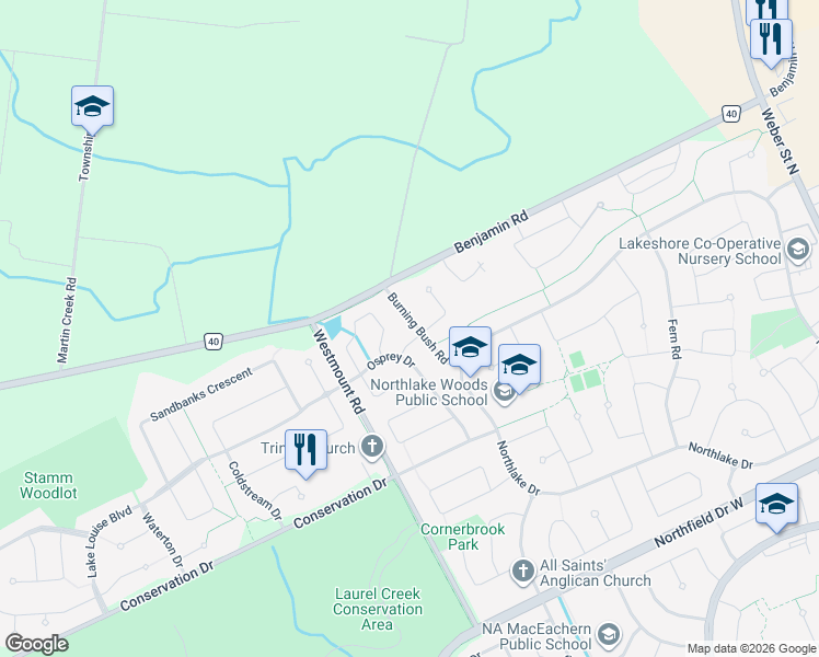 map of restaurants, bars, coffee shops, grocery stores, and more near in Waterloo