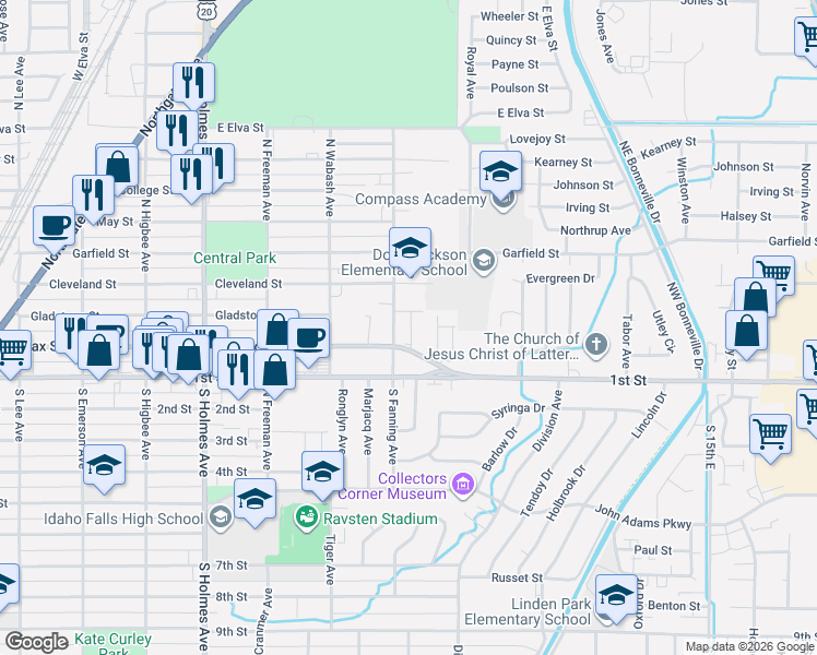 map of restaurants, bars, coffee shops, grocery stores, and more near 220 North Fanning Avenue in Idaho Falls