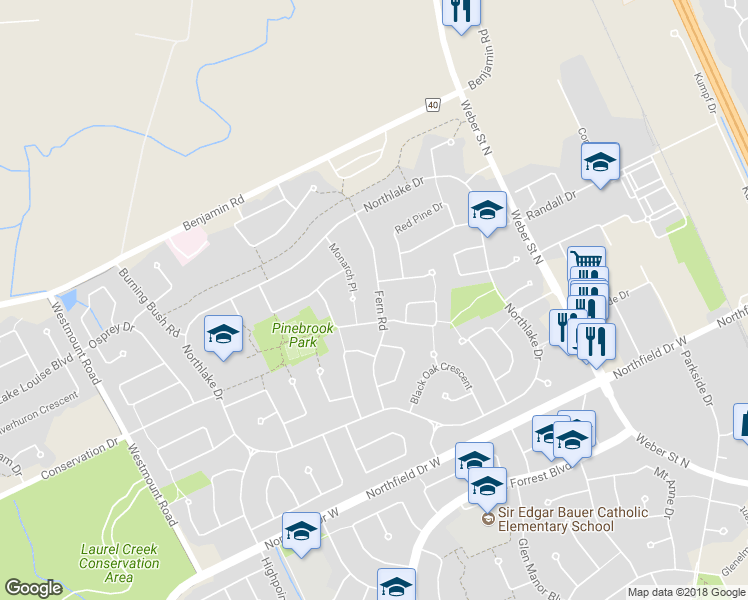 map of restaurants, bars, coffee shops, grocery stores, and more near 643 Fern Road in Waterloo