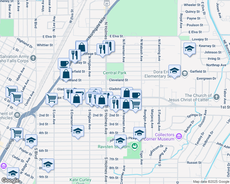 map of restaurants, bars, coffee shops, grocery stores, and more near 532 Gladstone Street in Idaho Falls