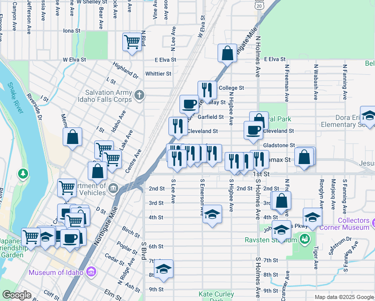 map of restaurants, bars, coffee shops, grocery stores, and more near 310 Northgate Mile in Idaho Falls