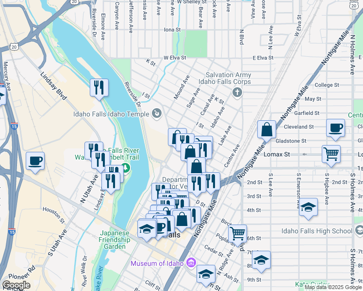 map of restaurants, bars, coffee shops, grocery stores, and more near 558 G Street in Idaho Falls
