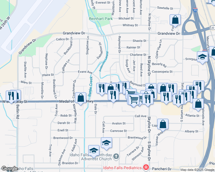 map of restaurants, bars, coffee shops, grocery stores, and more near 471 Hansen Avenue in Idaho Falls