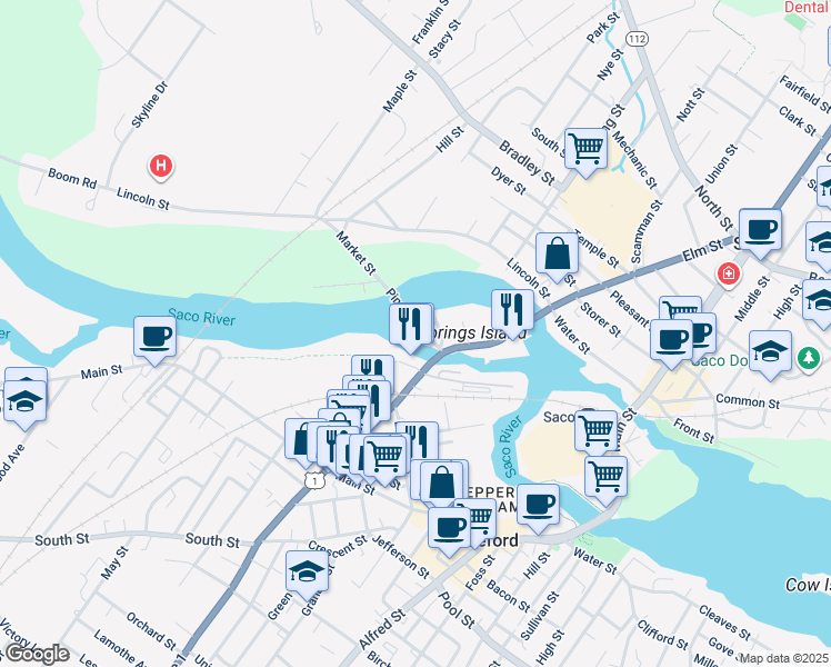 map of restaurants, bars, coffee shops, grocery stores, and more near 23 Pine Street in Biddeford