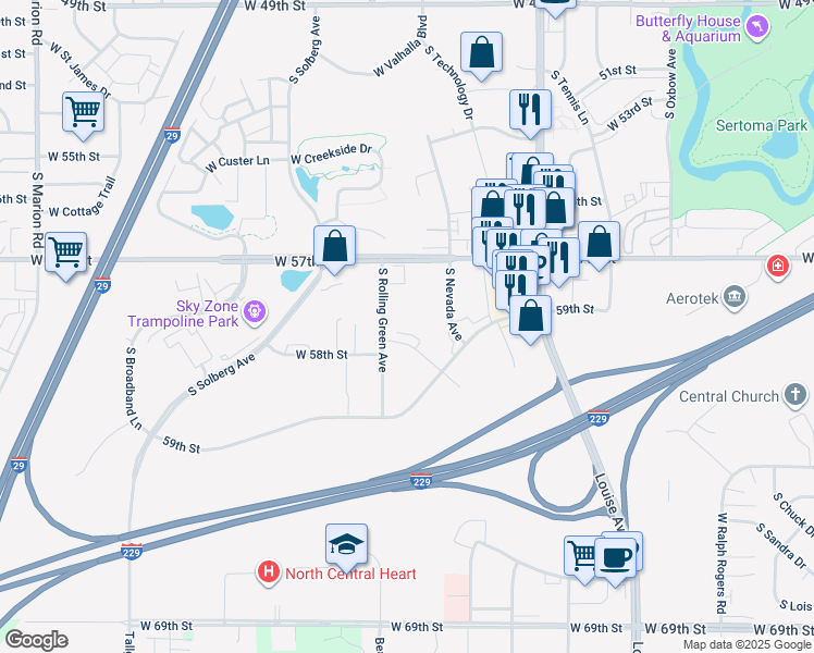 map of restaurants, bars, coffee shops, grocery stores, and more near 3 South Rolling Green Avenue in Sioux Falls